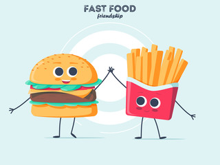 Vintage food poster design with burger and fries character.