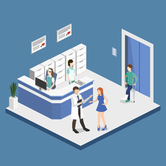 Isometric 3D vector illustration hospital reception with patients