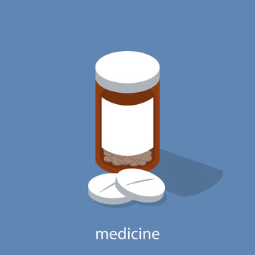 Isometric 3D vector illustration a vial of medicine.