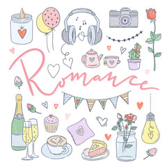 Romance hand drawn illustrations. Love doodles, romantic evening for couple, wedding elements