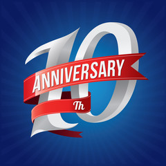 10 years anniversary celebration logotype. 10th silver number with red ribbons on blue background