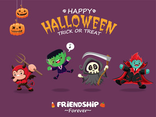 Vintage Halloween poster design with vector demon, monster, reaper,  vampire character. 