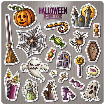 Set Of Happy Halloween Cartoon Stickers