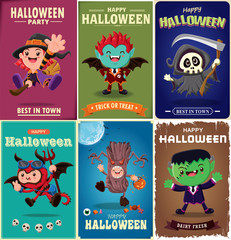Vintage Halloween poster design with vector vampire, witch, tree monster, reaper character. 