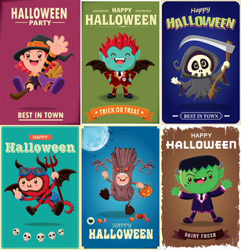 Vintage Halloween poster design with vector vampire, witch, tree monster, reaper character. 