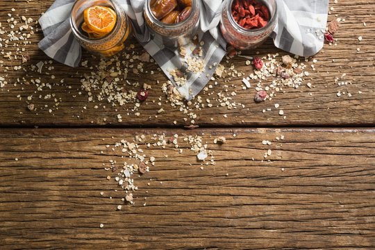 Three jars with various breakfast