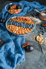 Healthy vegetarian breakfast with muesli, berries, figs and nuts on dark table