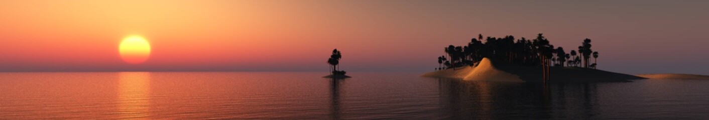 Panorama of the sea sunset over the island. Palm trees on the island during sunset, banner. 
