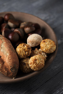 sweet potato, chestnuts and Catalan panellets