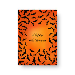 Scary cover of the catalog with bats for festive decoration for Halloween on the orange backdrop. Vector illustration.