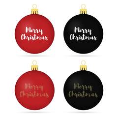Set of Christmas balls with white and gold lettering. Vector illustration