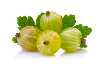 Ripe green gooseberries with leaves isolated on white background - obrazy, fototapety, plakaty