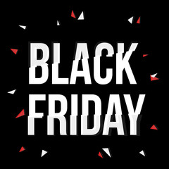 vector banner, poster with black friday lettering inscription on black background with triangle confetti. Advertising , discounts and sale promotion design template