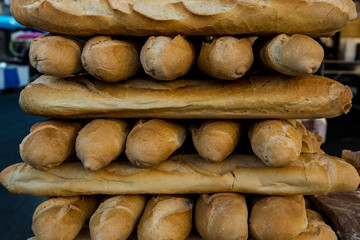 French baguette bread on the farmer market.