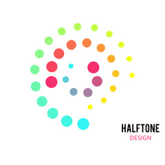 HALFTONE DOTS SWIRLY CIRCLE. TRENDY LOGO DESIGN. MODERN GEOMETRIC ELEMENTS