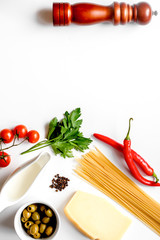 ingredients for cooking paste white background top view mock up