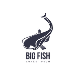 stylized big fish, whale shark icon pictogram. Fishing brand, logo design. Vector flat silhouette illustration isolated on a white background.