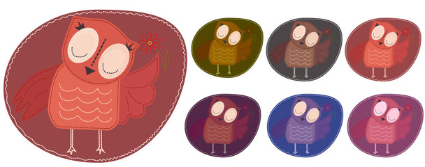 A set of multi-colored owls that hold a flower. Imitation of stripe, appliqué, fabric and stitching, seam