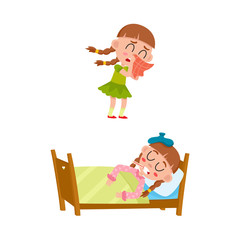 vector flat girl kid doing everyday routine activity set. Child crying, lying in bed under blanket suffering from headache holding thermometer in mouth . Isolated illustration on a white background.