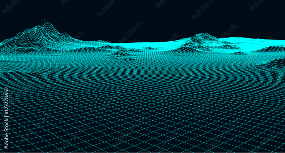 Poster abstract digital landscape with particles dots and stars on horizon. wireframe landscape background.