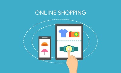 Online Shopping Landscape Banner Finger Touch Purchase Time in shop for Website Banner, Landing Page, Info Graphic , poster in flat design trendy style isolated dotted circle in blue background
