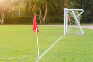 green soccer field showing red corner flag and goal