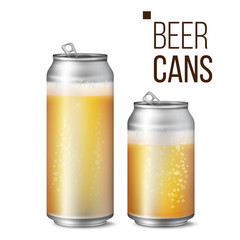 Beer Cans Isolated Vector. Light Bright, Bubble And Liquid. Macro Of Freshening Beer. Illustration