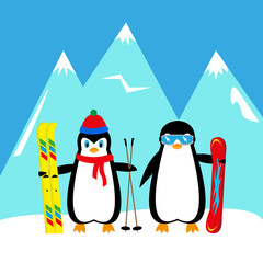 cartoon penguins snowboarder and skier