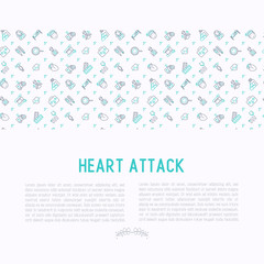 Fototapeta na wymiar Heart attack concept with thin line icons of symptoms and treatments. Modern vector illustration for medical report or survey, banner, web page, print media.