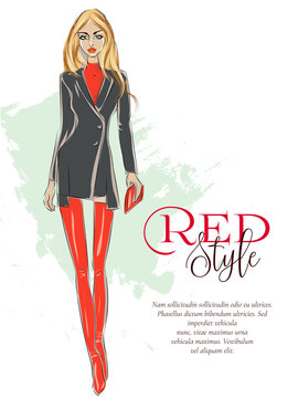 Beautiful fashion girl with red style logo and advertising text template, runway show, sexy blonde woman wearing hessian boots, sale shopping banner, model sketch, hand drawn vector illustration