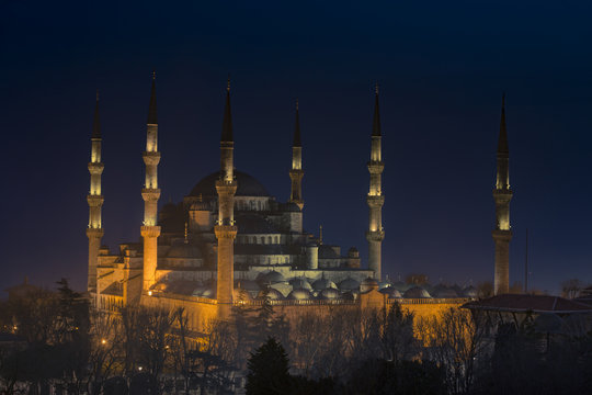 The Blue Mosque at night in Istanbul Turkey