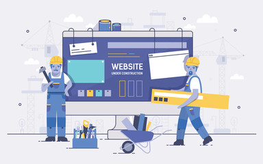 Two cartoon builders holding and carrying repair tools against computer screen on background. Concept of website under construction, web page maintenance or error 404. Colorful vector illustration.