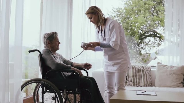 Health visitor and a senior woman during home visit.