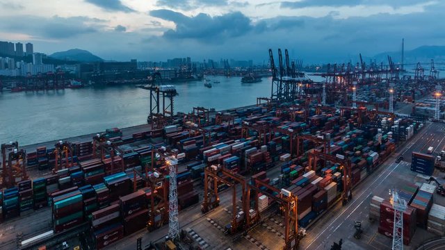 Time lapse of Hong Kong Container Terminal from night to day,sunrise time