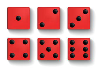 Set of vector realistic red dice isolated on white background