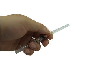 hand hold injection syringe on white isolated background