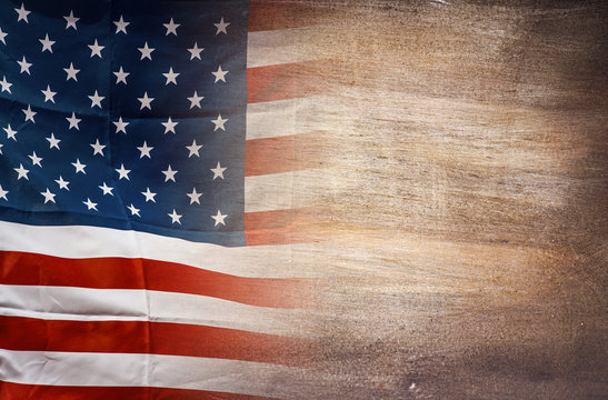 American flag on wooden background, USA flag