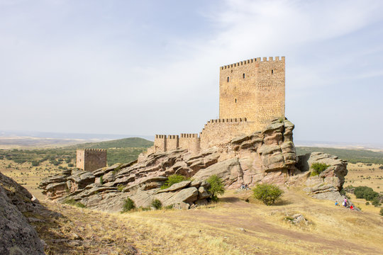 The Castillo de Zafra, a 12th-century castle built on a sandstone outcrop in Sierra de Caldereros, Campillo de Duenas, Castilla La Mancha, Spain
