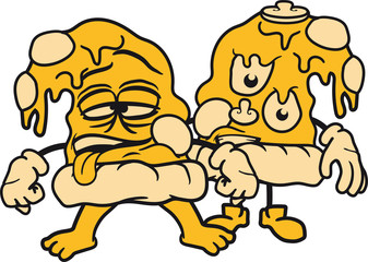 2 freunde salami team paar gesicht kopf monster schleimig pilze funghi champignons runter hängen auf dem kopf stück salami pizza lecker essen hunger comic cartoon