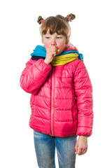A frozen girl with blond hair on an isolated white background. Frozen hands are warmed by the breath.