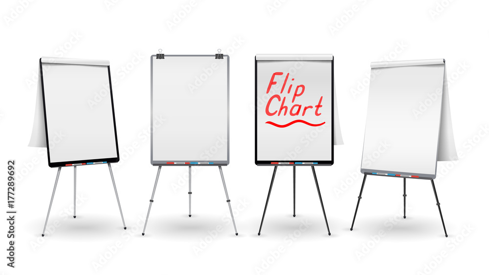 Poster flip chart set vector. office whiteboard for business training. blank sheet of paper on a tripod. pr