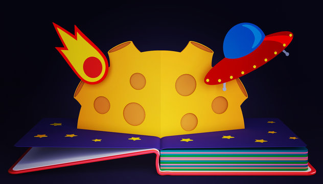 Pop up book with moon, comet and flying saucer. 3D rendering