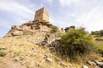 Fototapeta premium The Castillo de Zafra, a 12th-century castle built on a sandstone outcrop in Sierra de Caldereros, Campillo de Duenas, Castilla La Mancha, Spain