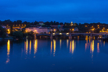 Fototapeta premium Old Town ancient architecture and river pier in Prague, Czech Republic