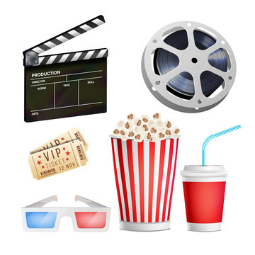 Cinema Movie Icons Set. Realistic Items Film Festival Directors Attributes TV. Cinematography Movie Festival Concept. Isolated Illustration