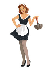 Vector illustration of a beautiful smiling young woman wearing french maid outfit with black dress and white apron, holding a feather duster, in vintage retro pinup girl style, isolated on white.