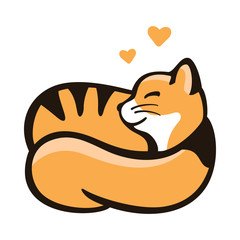 the cat curled into a ball and sleeps, a logo with a pet