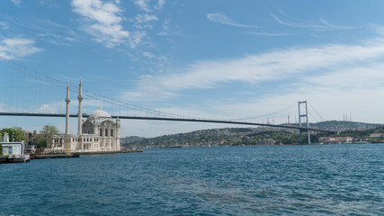 Ortakoy mosque and Bosphorus Bridge connecting Europe and Asia continents, Istanbul, Turkey