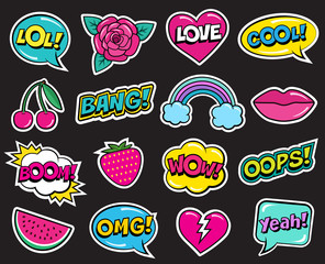 Cool modern colorful patch set on black background. Fashion stickers of cherry, strawberry, watermelon, lips, rose flower, rainbow, hearts, retro comic bubbles, stars . Cartoon 80s-90s pop art style