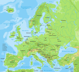 Naklejka premium Mapa Europy - z oznaczeniami (kraje i miasta)